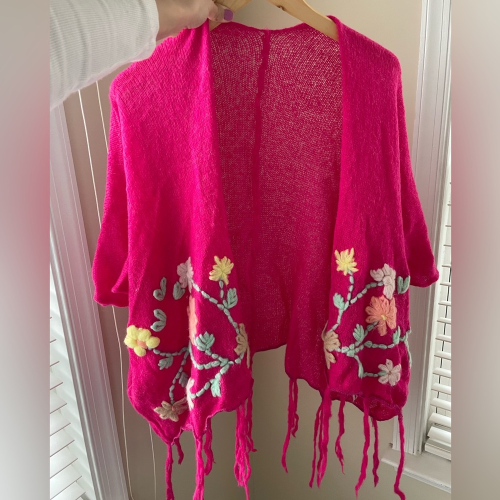 Nearly New Fuchsia Knit Cardigan with Colorful Embroidered Flowers